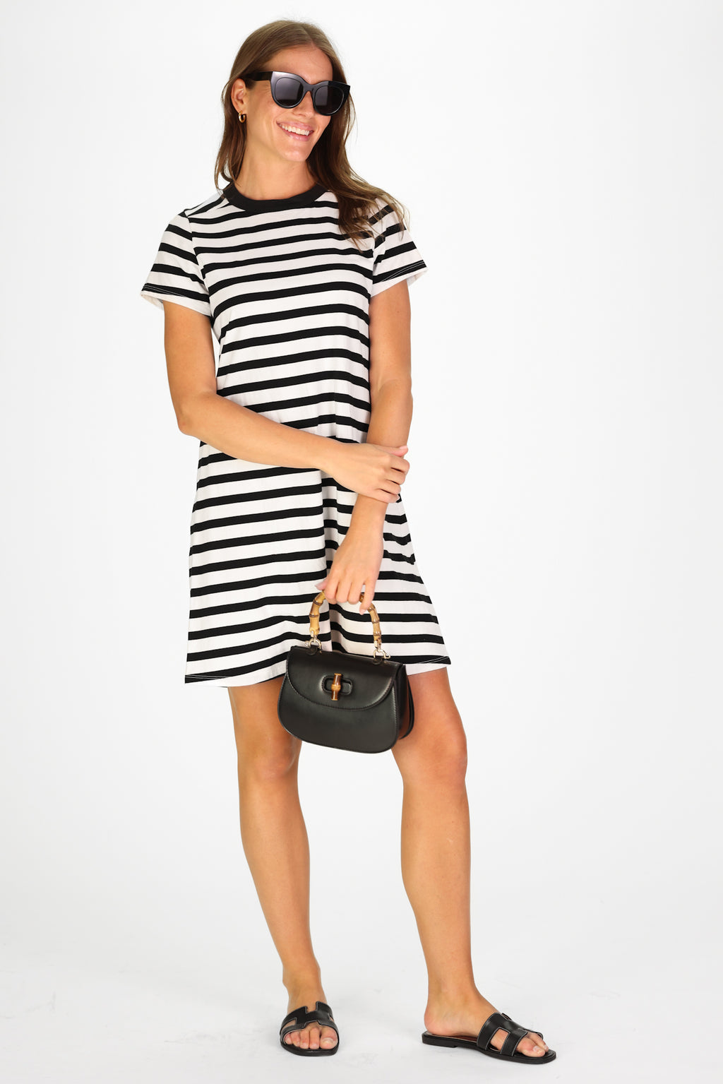 navy blue dress for baby girl Tallie T-Shirt Dress in Black and White Stripe Xs