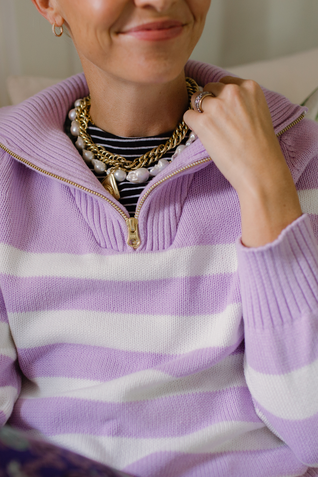 Women's Lilac and Ivory Stripe Cotton Blaire Quarter Zip Sweater