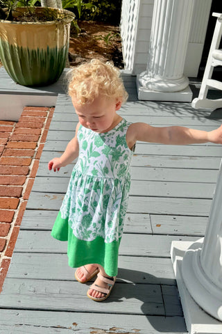 Girls Albany Dress in Green Botanical Toile