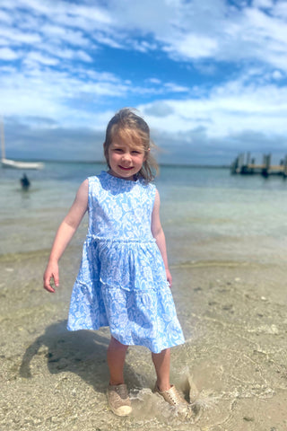 Girls Goldie Dress in Blue Sky Blossoms