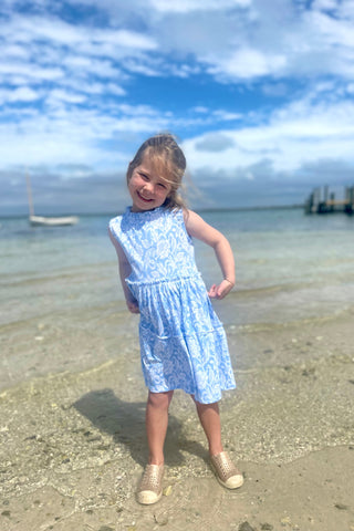 Girls Goldie Dress in Blue Sky Blossoms