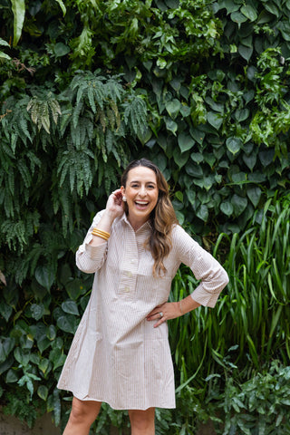 The Raleigh Collared Dress in Beige Stripe