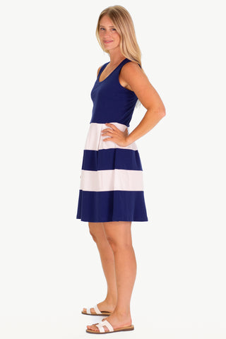 The Pique Ludington Dress in Royal Navy and White