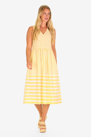 The Twila Dress in Lemon Linen Stripe