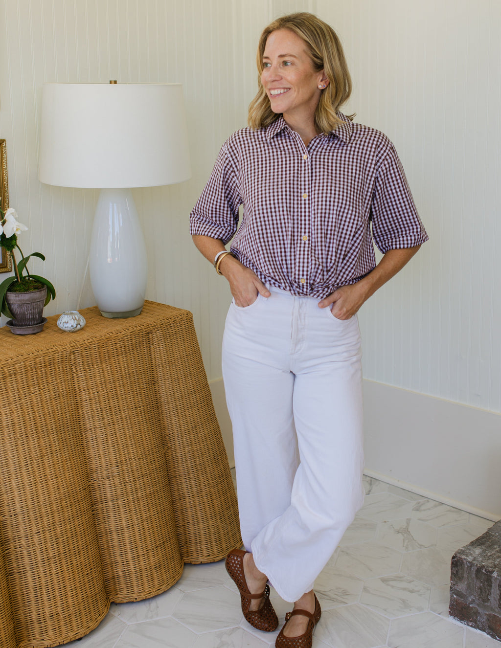 brown gingham dress shirt Auralee Cotton Shirt in Brown Gingham Check