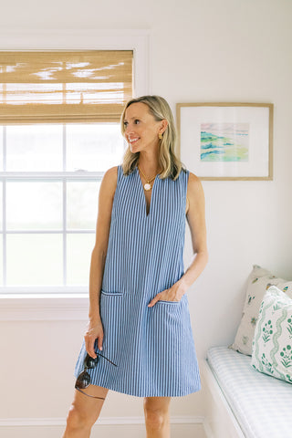 Gwynn Shift Dress in Double Blue Seersucker