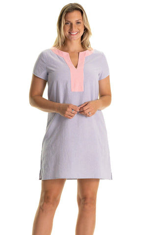 The Shortie Kai Caftan in Neon Coral & Blue Seersucker