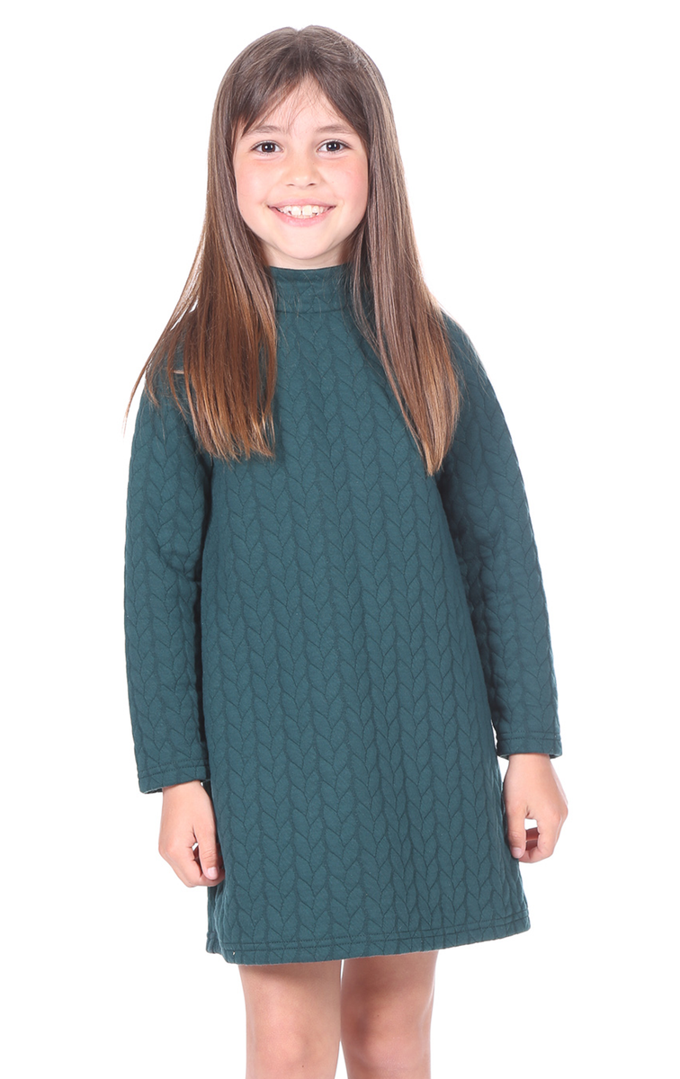 Girls Fletcher Dress in Green Cable Knit Duffield Lane