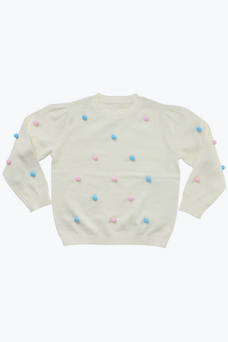 Girls Pom Pom Crewneck Sweater in Ivory