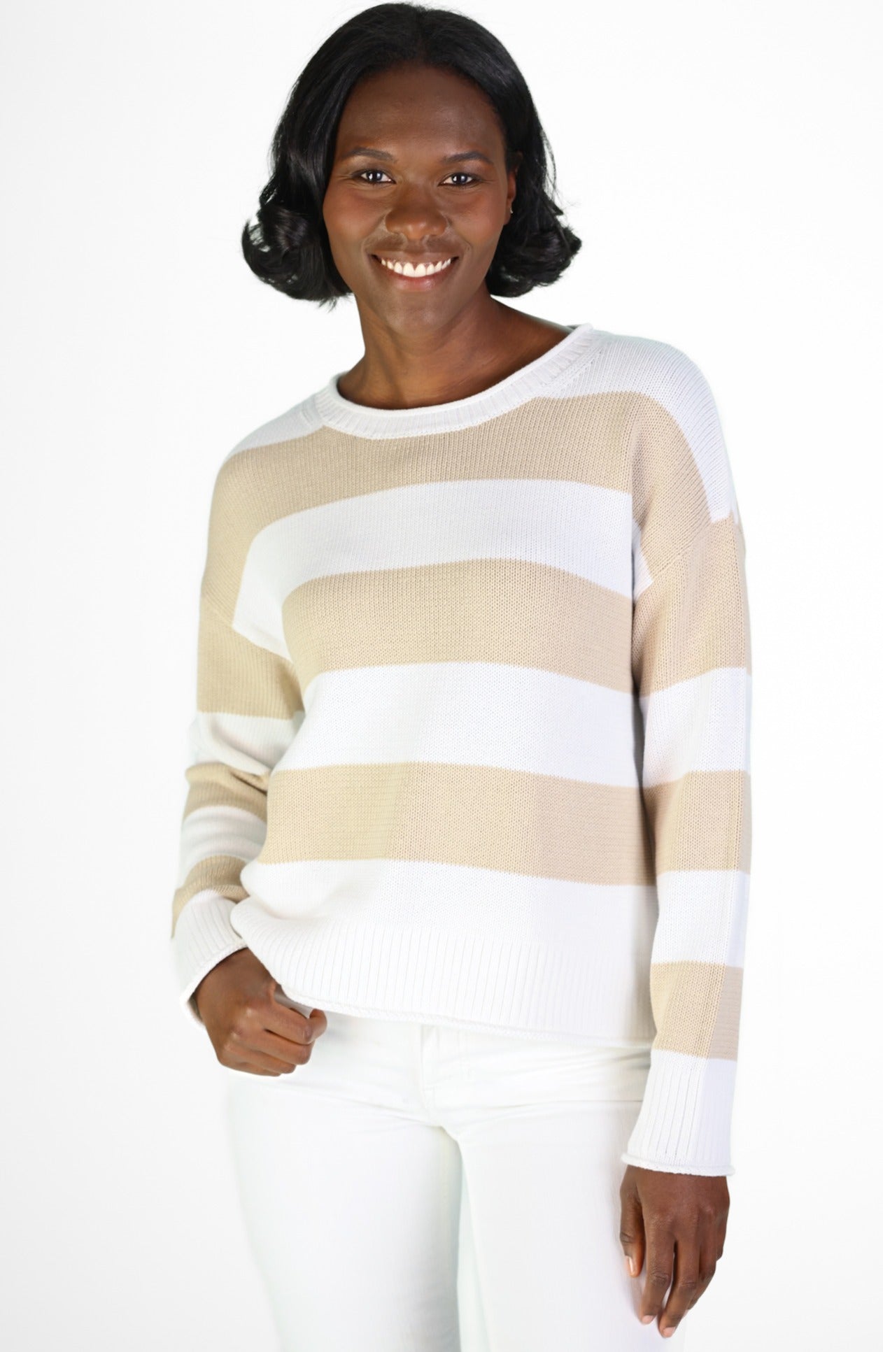 Tan White Stripe Drop Shoulder Sweater