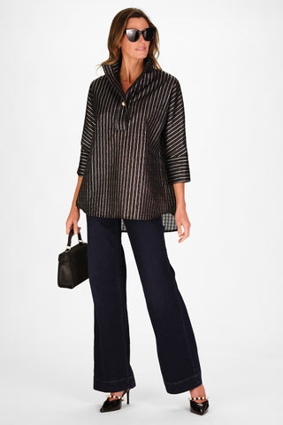 Joanna Popover in Black Clipped Metallic Silver Stripe