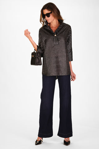 Joanna Popover in Black Clipped Metallic Silver Stripe