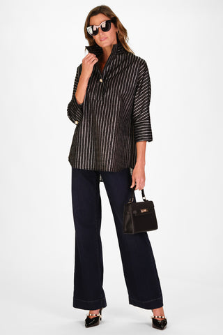 Joanna Popover in Black Clipped Metallic Silver Stripe