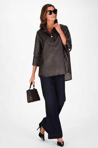 Joanna Popover in Black Clipped Metallic Silver Stripe