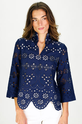 Henlee Eyelet Top in Navy Garden Eyelet