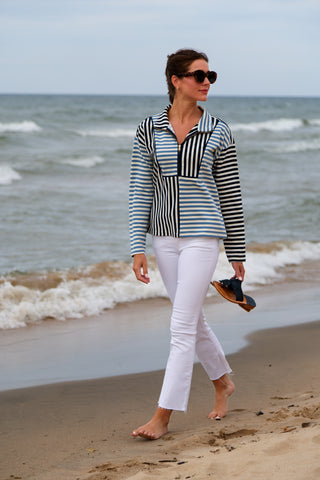 Kathryn Quarter Zip in Navy and Blue Stripe Mix