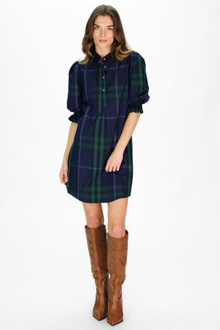 Percy Popover Dress in Navy Plaid