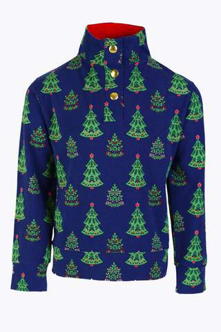 Girls Baker Quarter Zip in Navy Festive Trees