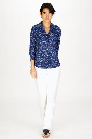 Birdie Top in Navy with White Toile
