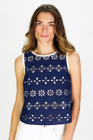 Women's Amy Eyelet Top in Navy Garden Eyelet