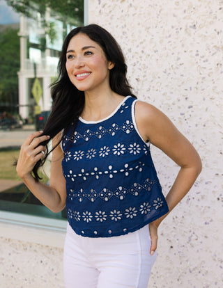 Amy Eyelet Top in Navy Garden Eyelet