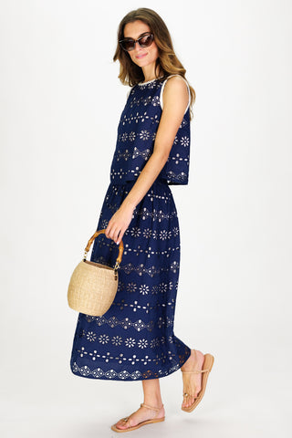 Women's Amy Eyelet Top in Navy Garden Eyelet