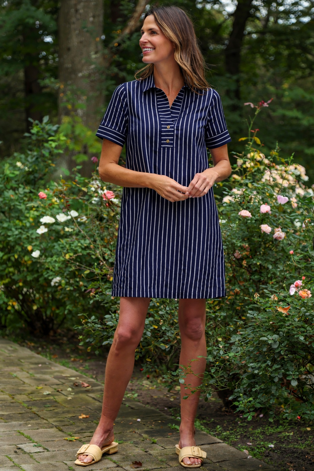 Women's Banks Dress in Navy Linen Stripe