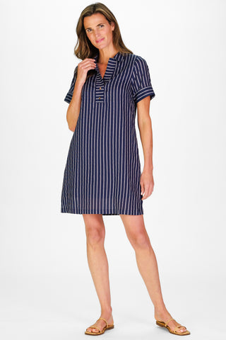 Women's Banks Dress in Navy Linen Stripe