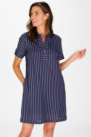 Women's Banks Dress in Navy Linen Stripe