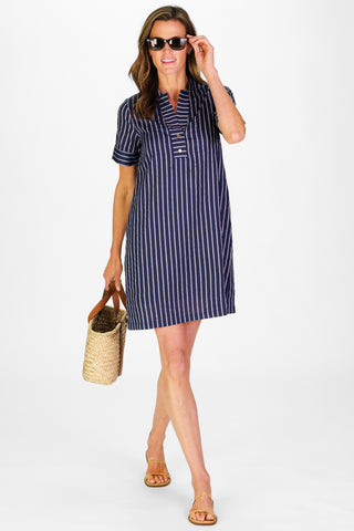 Women's Banks Dress in Navy Linen Stripe
