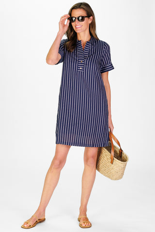 Women's Banks Dress in Navy Linen Stripe