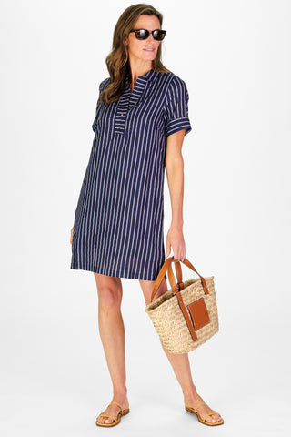 Women's Banks Dress in Navy Linen Stripe