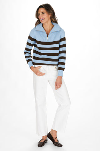 Blaire Quarter Zip Sweater in Blue and Chocolate Stripe