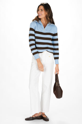 Blaire Quarter Zip Sweater in Blue and Chocolate Stripe