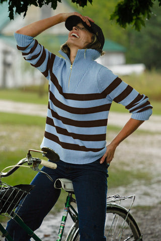 Blaire Quarter Zip Sweater in Blue and Chocolate Stripe