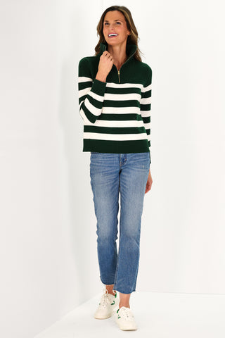 Forest and Ivory Stripe Cotton Blaire Quarter Zip Sweater