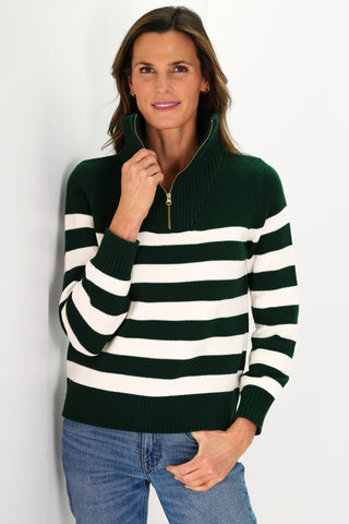 Forest and Ivory Stripe Cotton Blaire Quarter Zip Sweater