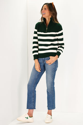 Forest and Ivory Stripe Cotton Blaire Quarter Zip Sweater