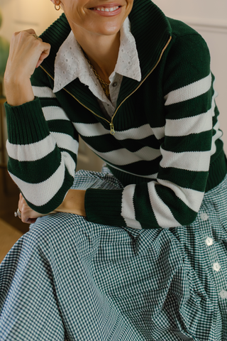 Forest and Ivory Stripe Cotton Blaire Quarter Zip Sweater