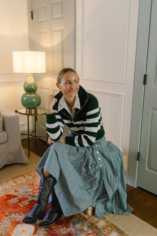 Forest and Ivory Stripe Cotton Blaire Quarter Zip Sweater