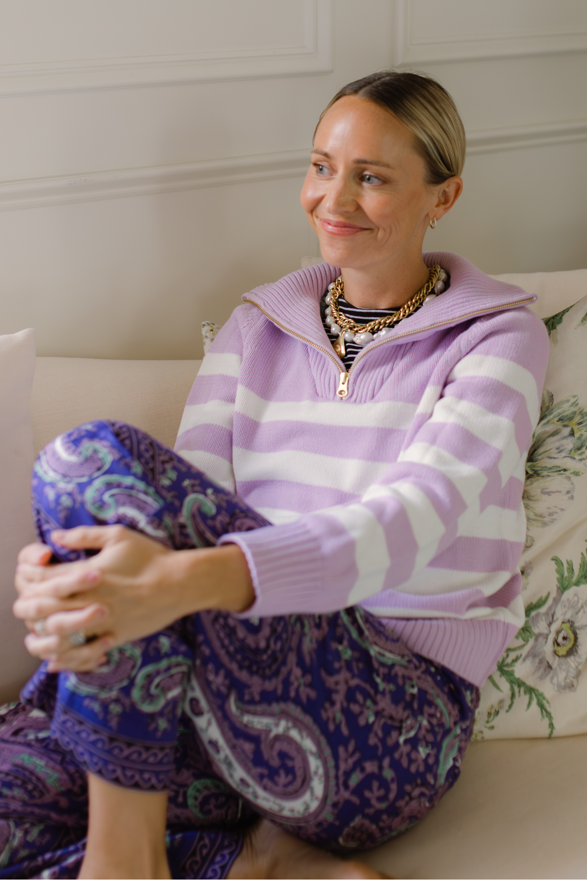 Women's Lilac and Ivory Stripe Cotton Blaire Quarter Zip Sweater Women's Lilac and Ivory Stripe Cotton Blaire Quarter Zip Sweater