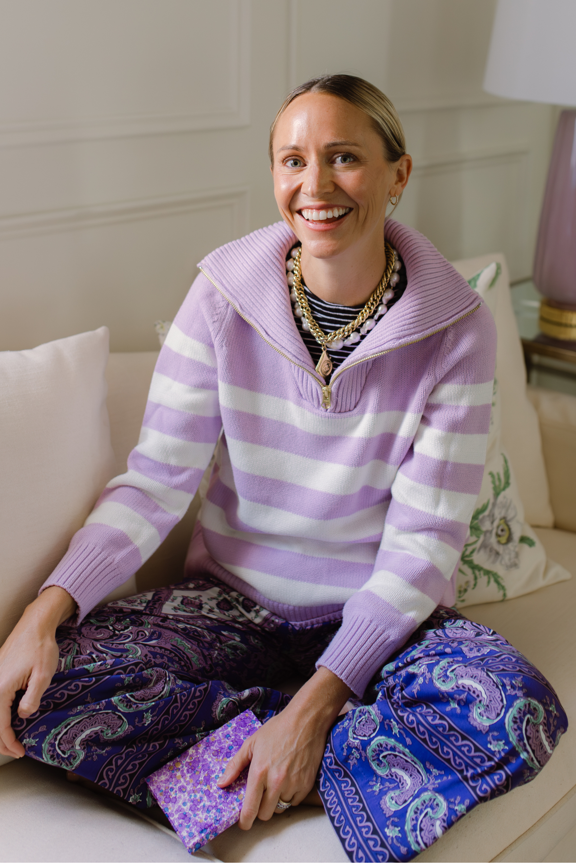 Women's Lilac and Ivory Stripe Cotton Blaire Quarter Zip Sweater Women's Lilac and Ivory Stripe Cotton Blaire Quarter Zip Sweater