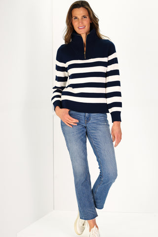 Navy and Ivory Stripe Cotton Blaire Quarter Zip Sweater