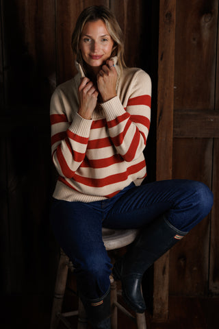 Blaire Quarter Zip Sweater in Tan and Rust Stripe