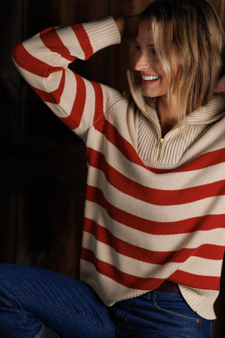 Blaire Quarter Zip Sweater in Tan and Rust Stripe