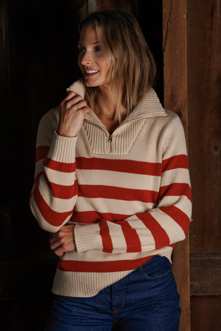 Blaire Quarter Zip Sweater in Tan and Rust Stripe