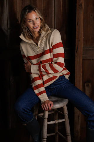 Blaire Quarter Zip Sweater in Tan and Rust Stripe