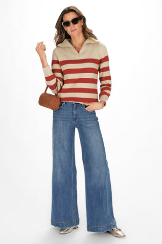 Blaire Quarter Zip Sweater in Tan and Rust Stripe