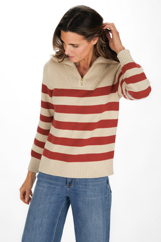 Blaire Quarter Zip Sweater in Tan and Rust Stripe