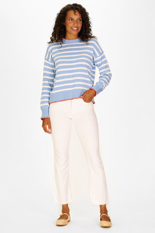 Blanket Stitch Sweater in Light Blue & White